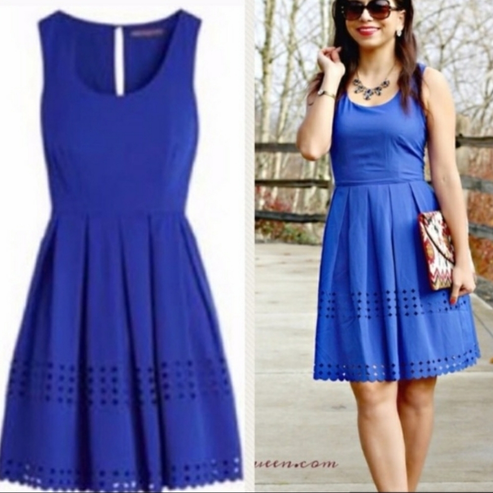 Brixton Ivy Laser Cut Pleated Sleeveles Dress In Royal Blue